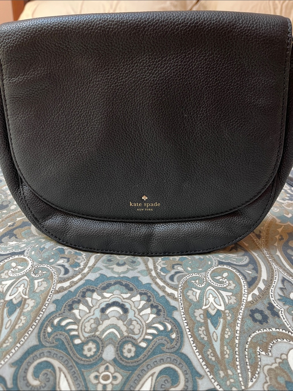 kate spade Black Pebbled Leather Saddle Crossbody with Gold Logo